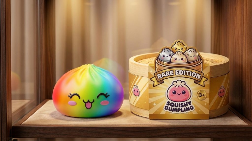 Rare Dumpling Squishy Regenboog in zijn kawaii omgeving