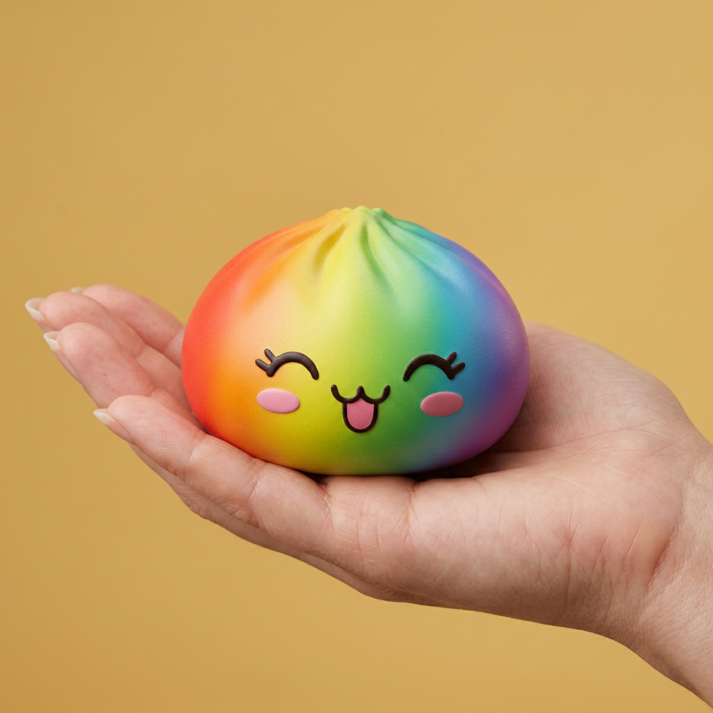 Rare Dumpling Squishy Regenboog in de hand gehouden, echte grootte