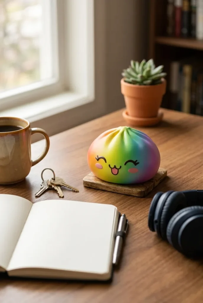 Rare Dumpling Squishy Regenboog op het bureau