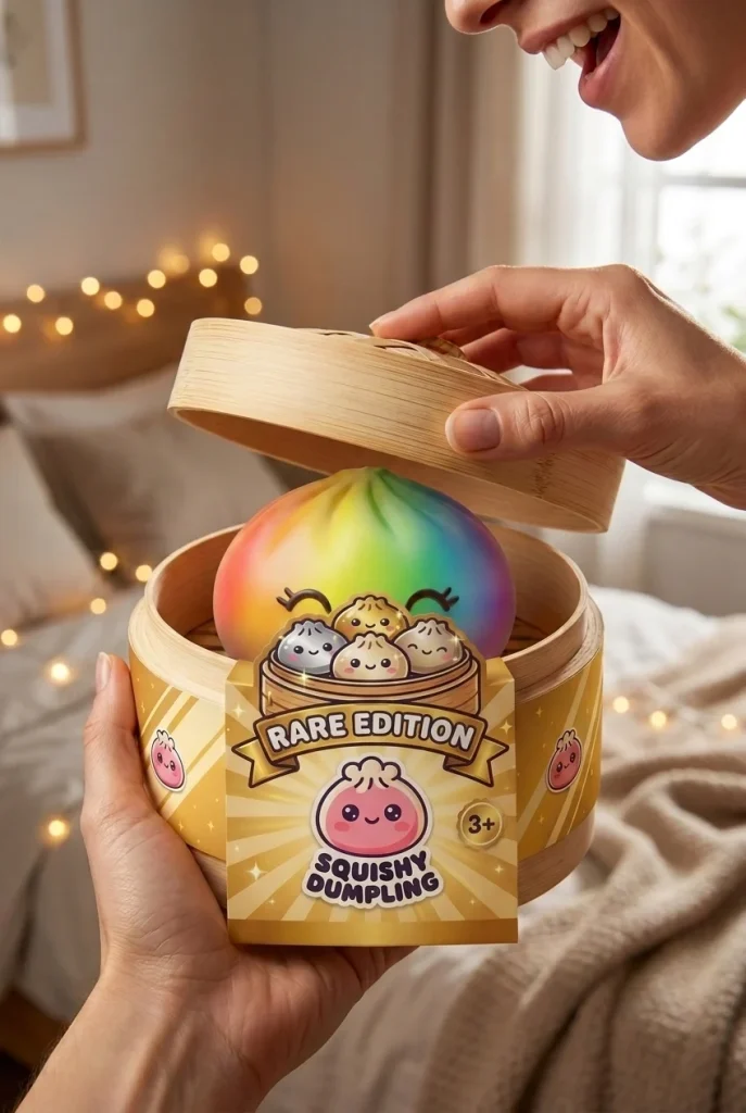 Rare Dumpling Squishy Regenboog tijdens het uitpakken