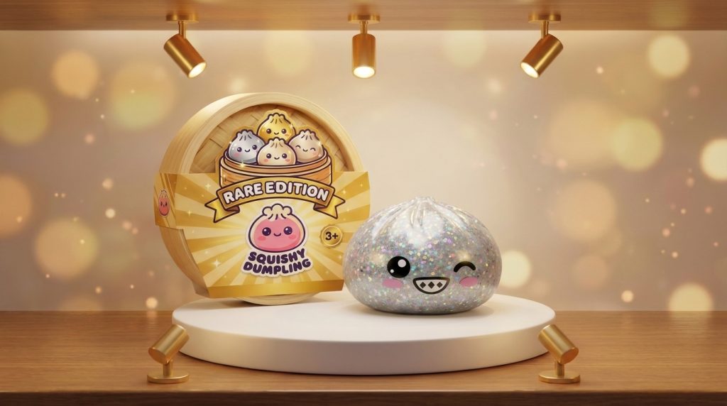 Rare Dumpling Squishy Zilver Glinsterend in zijn kawaii omgeving