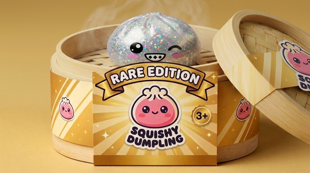 Rare Dumpling Squishy Zilver Glinsterend in het bamboe stoommandje