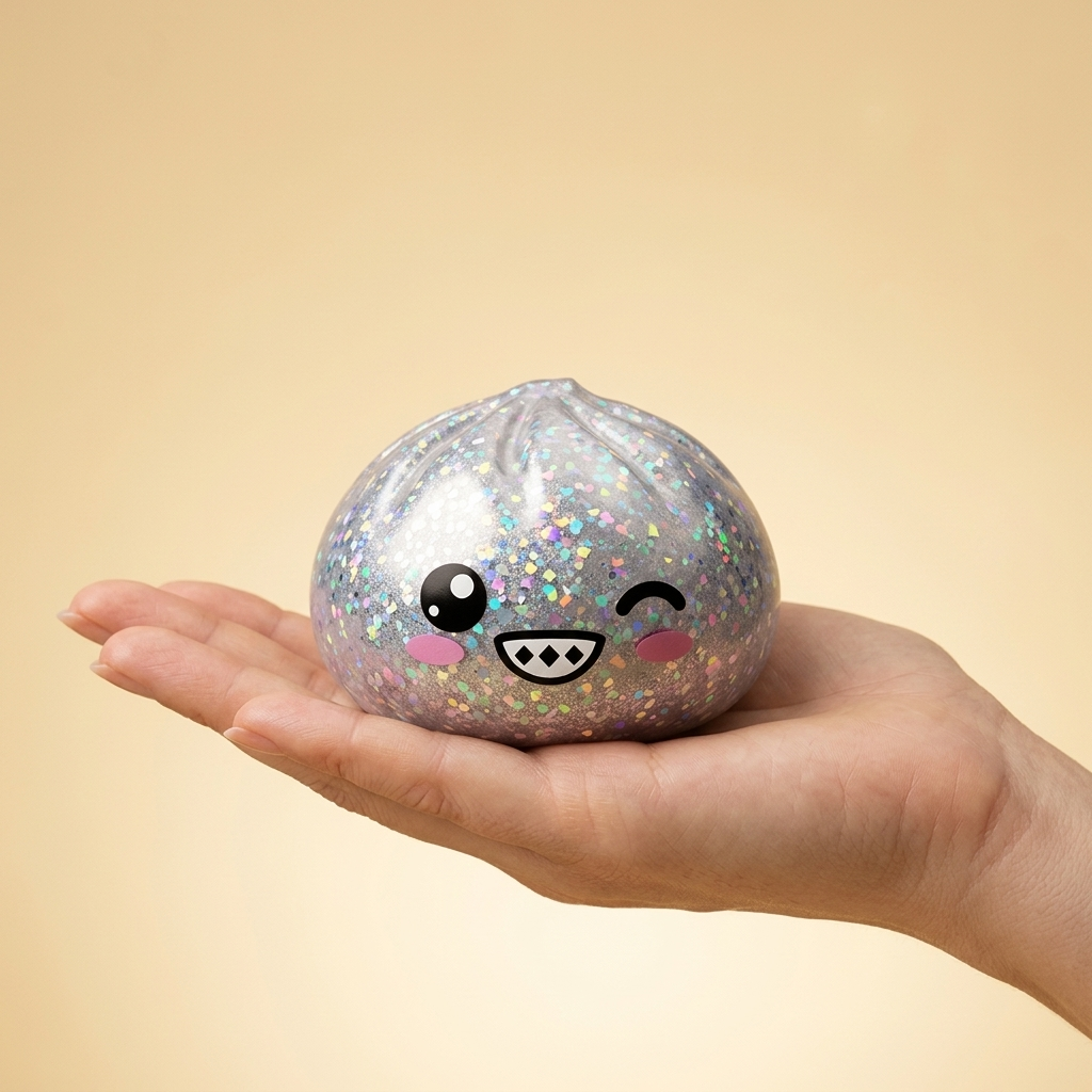 Rare Dumpling Squishy Zilver Glinsterend in de hand gehouden, echte grootte