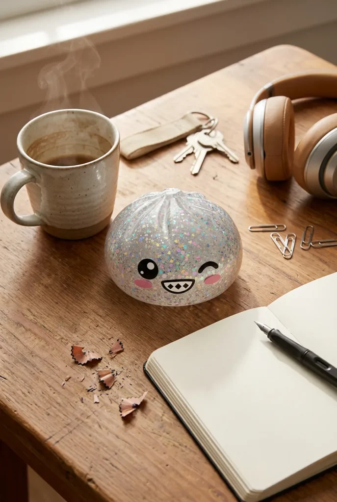Rare Dumpling Squishy Zilver Glinsterend op het bureau
