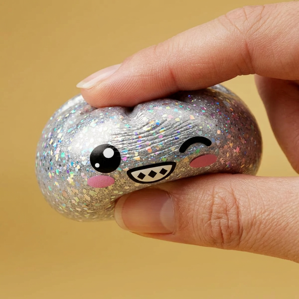 Rare Dumpling Squishy Zilver Glinsterend — slow-rise effect, het schuim vert langzaam terug
