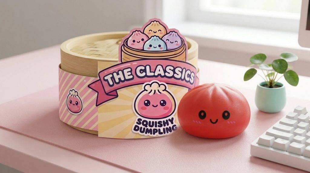 Dumpling Squishy Kersenrood met Bamboe Stoomkorfje in zijn kawaii omgeving