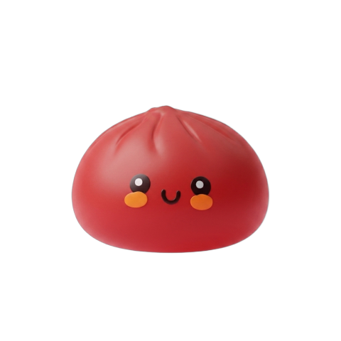 Dumpling Squishy Rood in Bamboe Stoommandje tijdens het knijpen, zacht materiaal