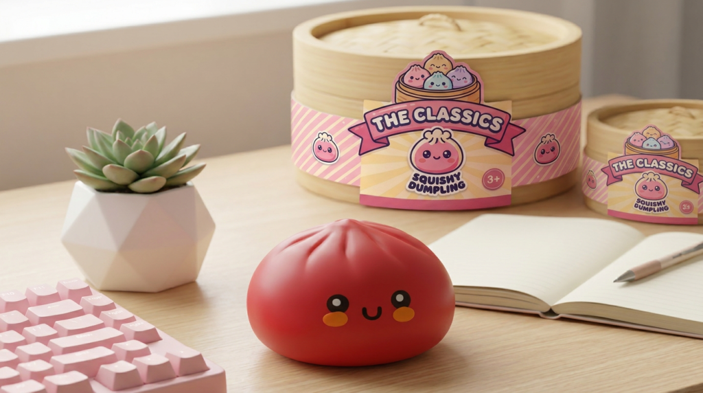 Dumpling Squishy Rouge in Bamboe Stoommandje in zijn kawaii omgeving