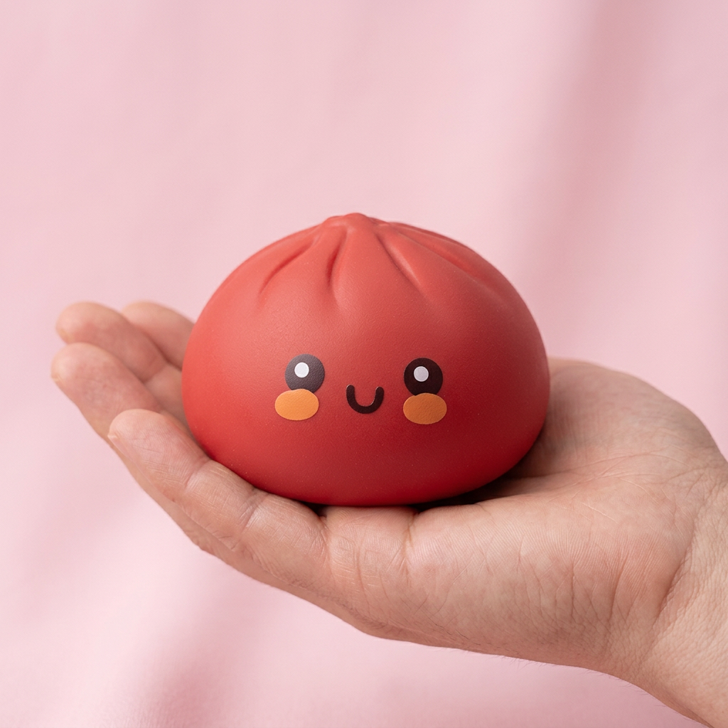 Dumpling Squishy Rouge in Bamboe Stoommandje in de hand gehouden, echte grootte