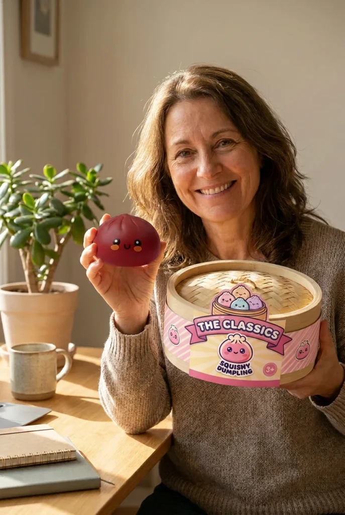 Dumpling Squishy Rouge in Bamboe Stoommandje met zijn doos