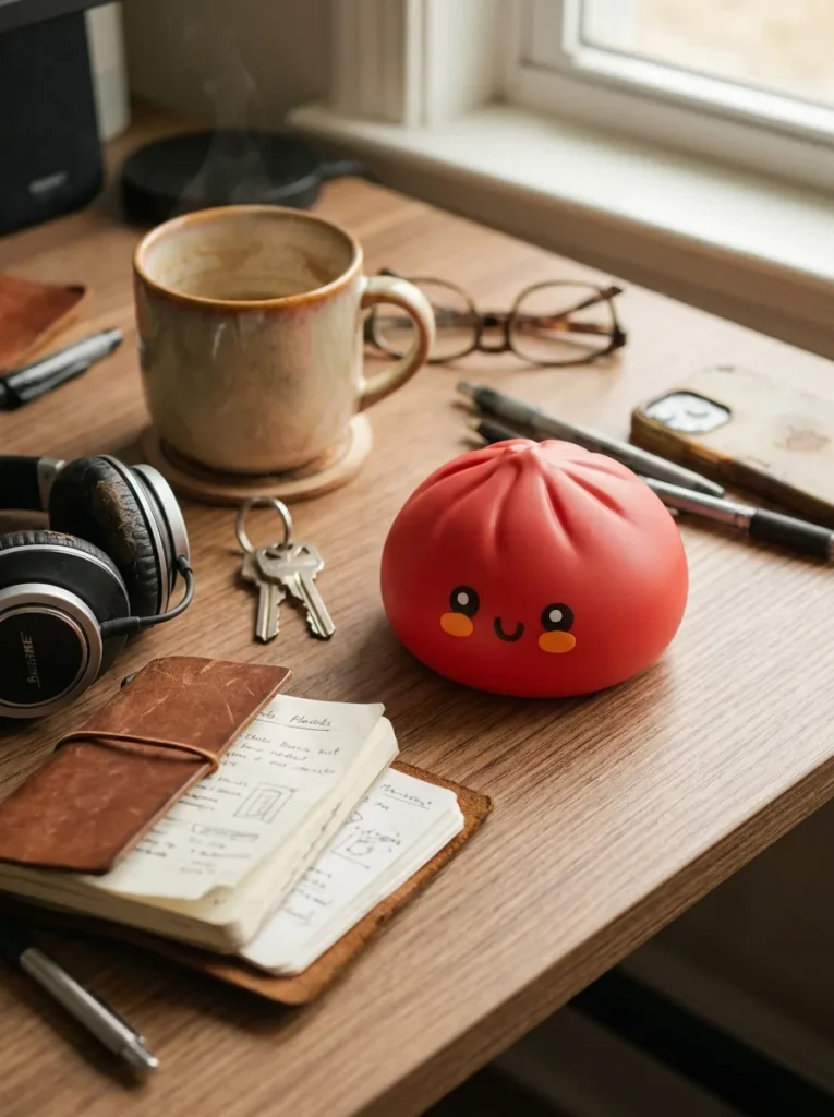 Dumpling Squishy Rouge in Bamboe Stoommandje op het bureau
