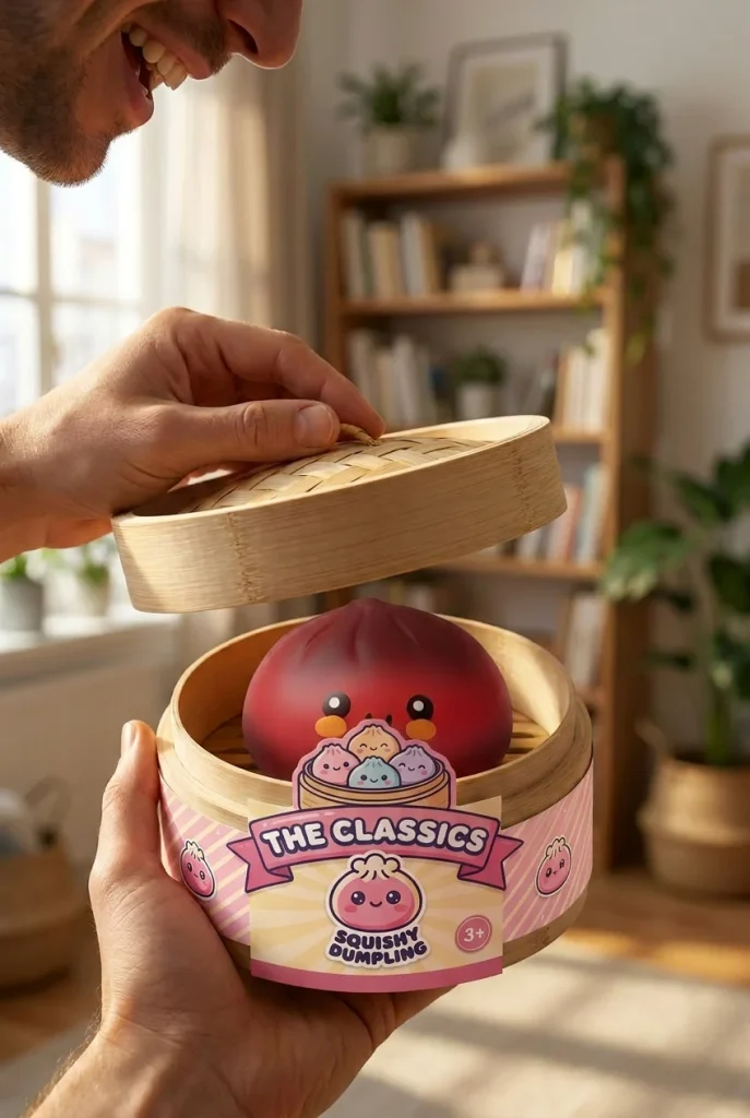 Dumpling Squishy Rouge in Bamboe Stoommandje tijdens het uitpakken