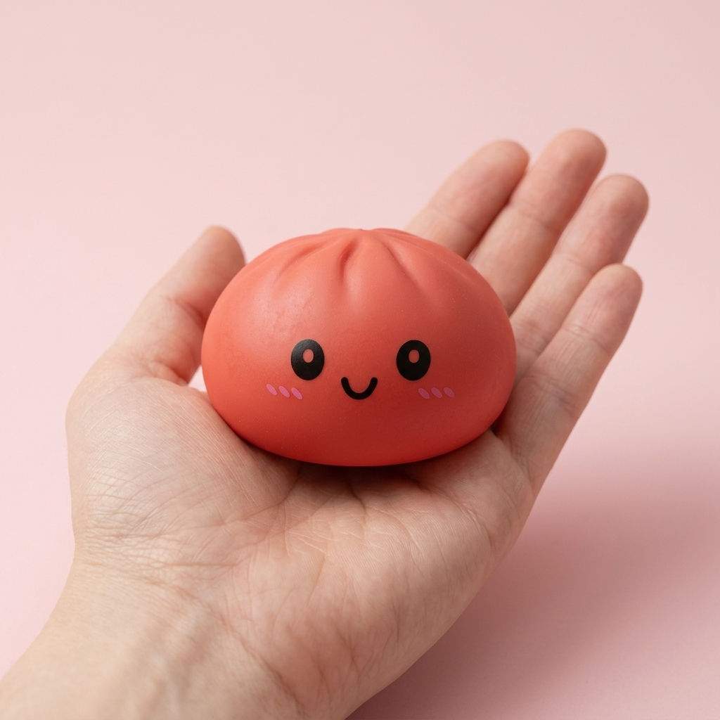 Dumpling Squishy Kersenrood met Bamboe Stoomkorfje in de hand gehouden, echte grootte