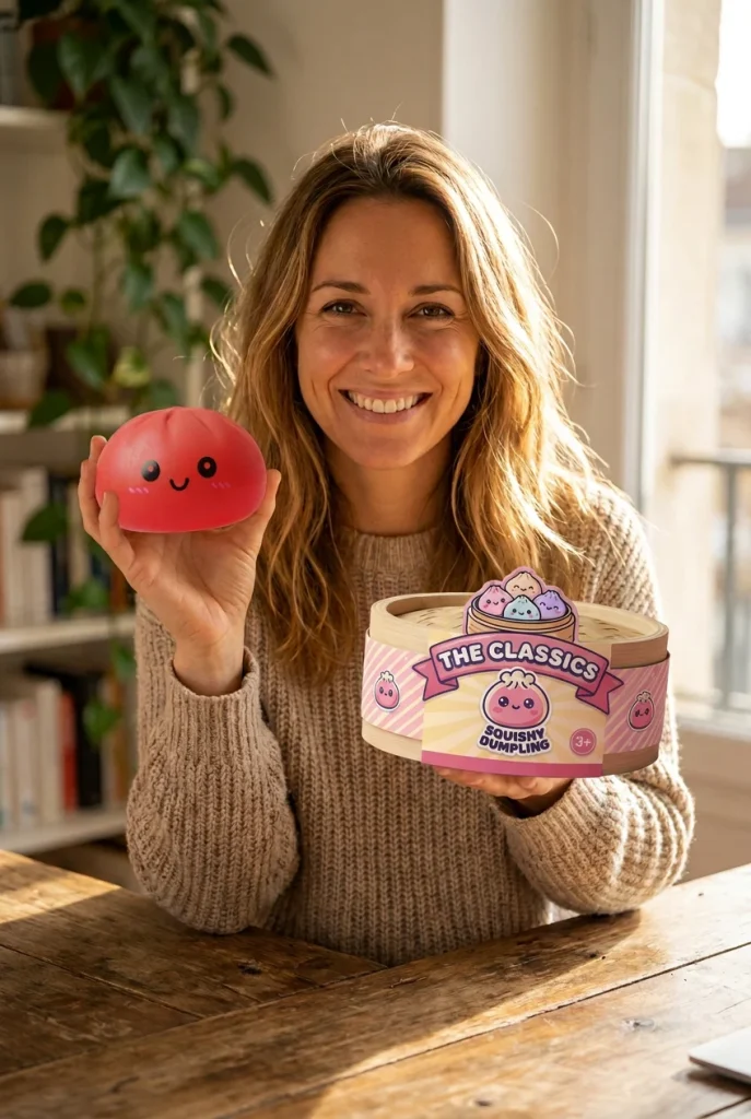 Dumpling Squishy Kersenrood met Bamboe Stoomkorfje met zijn doos