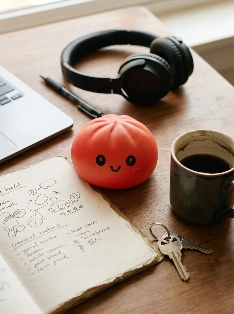 Dumpling Squishy Kersenrood met Bamboe Stoomkorfje op het bureau