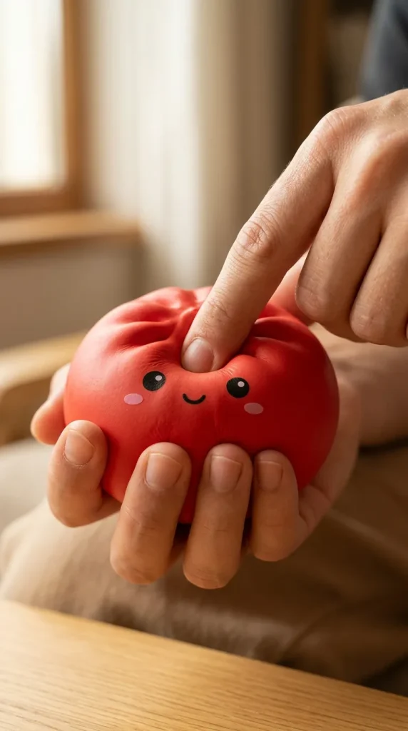 Dumpling Squishy Kersenrood met Bamboe Stoomkorfje tijdens het knijpen