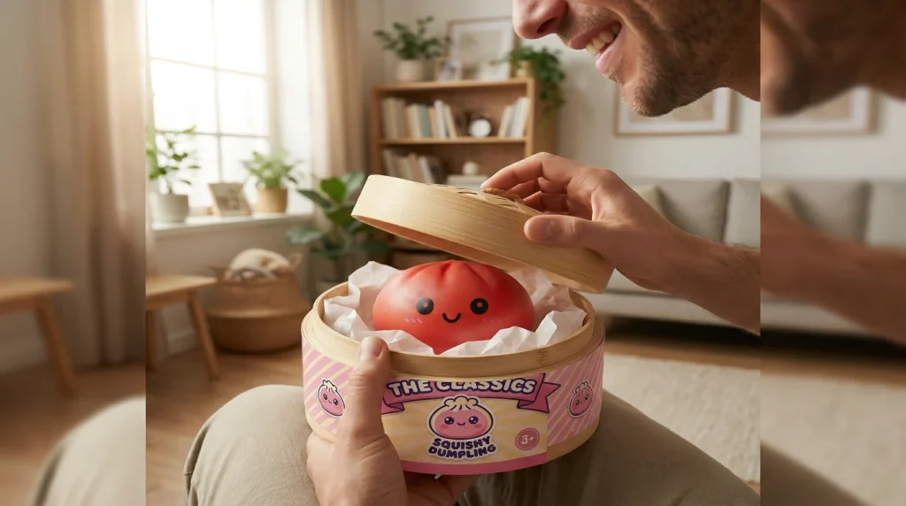 Dumpling Squishy Kersenrood met Bamboe Stoomkorfje tijdens het uitpakken