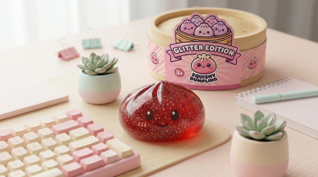 Glitter Dumpling Squishy Rood Geluk in zijn kawaii omgeving