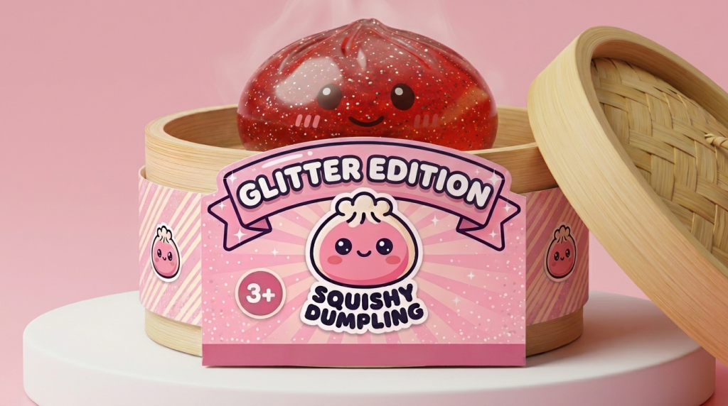 Glitter Dumpling Squishy Rood Geluk in het bamboe stoommandje