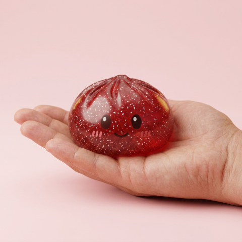 Glitter Dumpling Squishy Rood Geluk in de hand gehouden, echte grootte