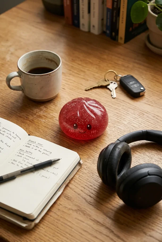 Glitter Dumpling Squishy Rood Geluk op het bureau