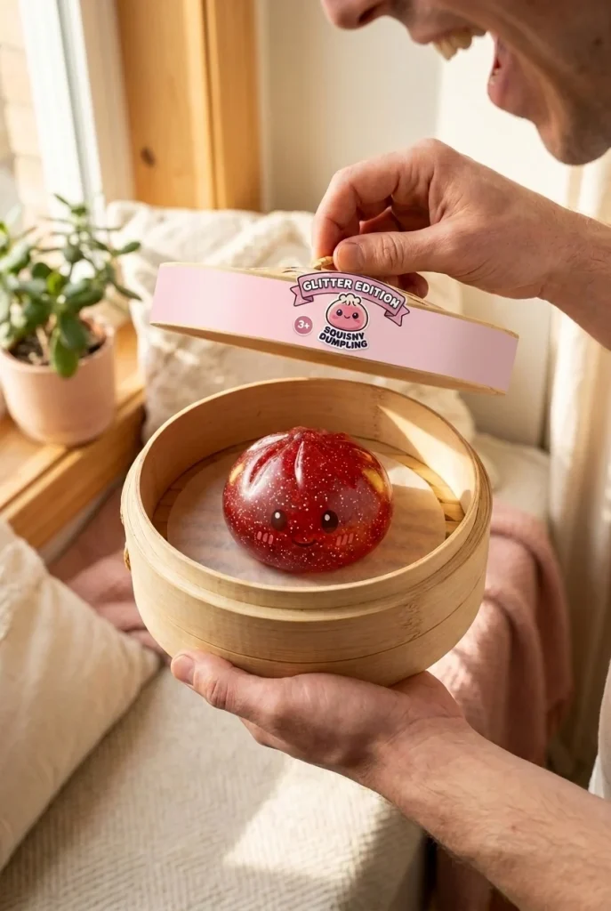 Glitter Dumpling Squishy Rood Geluk tijdens het uitpakken