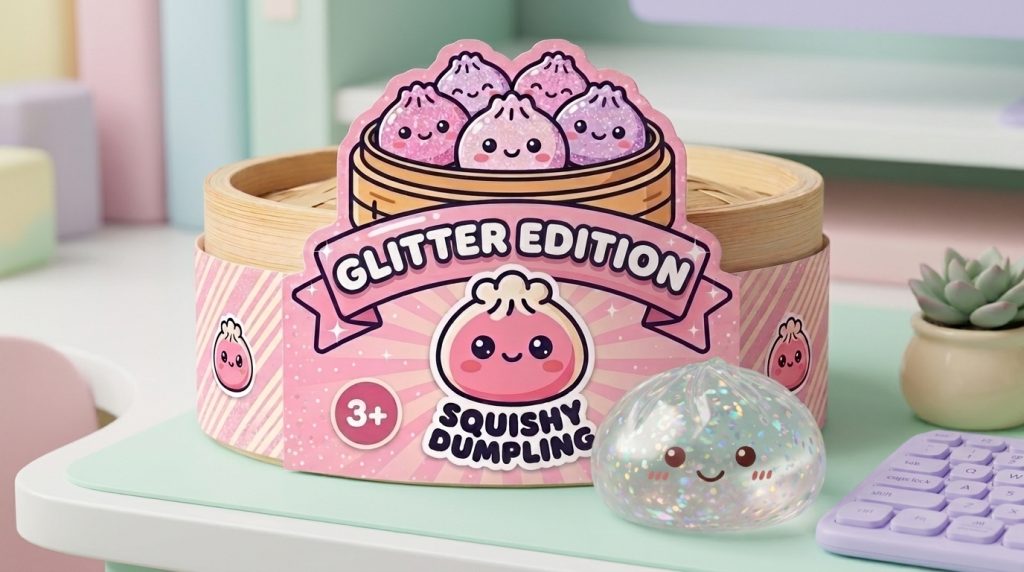 Glitter Dumpling Squishy Zilver Glans in zijn kawaii omgeving