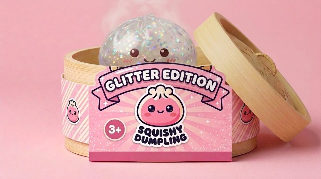 Glitter Dumpling Squishy Zilver Glans in het bamboe stoommandje