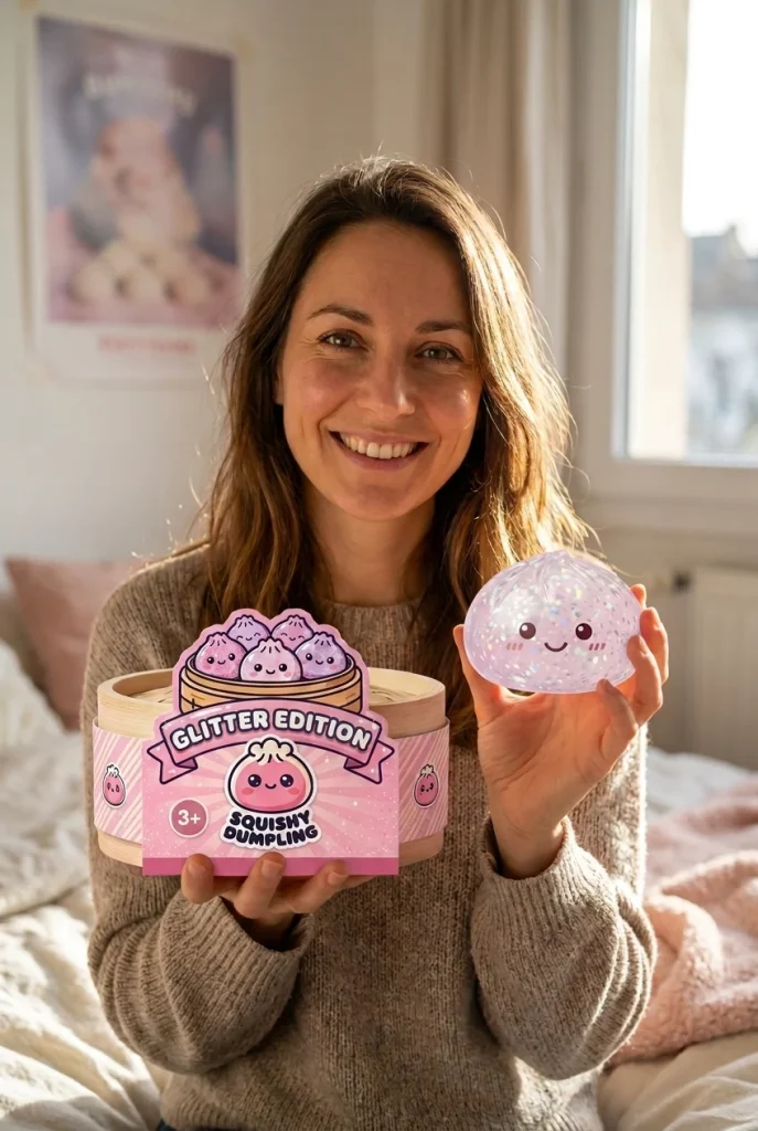 Glitter Dumpling Squishy Zilver Glans met zijn doos