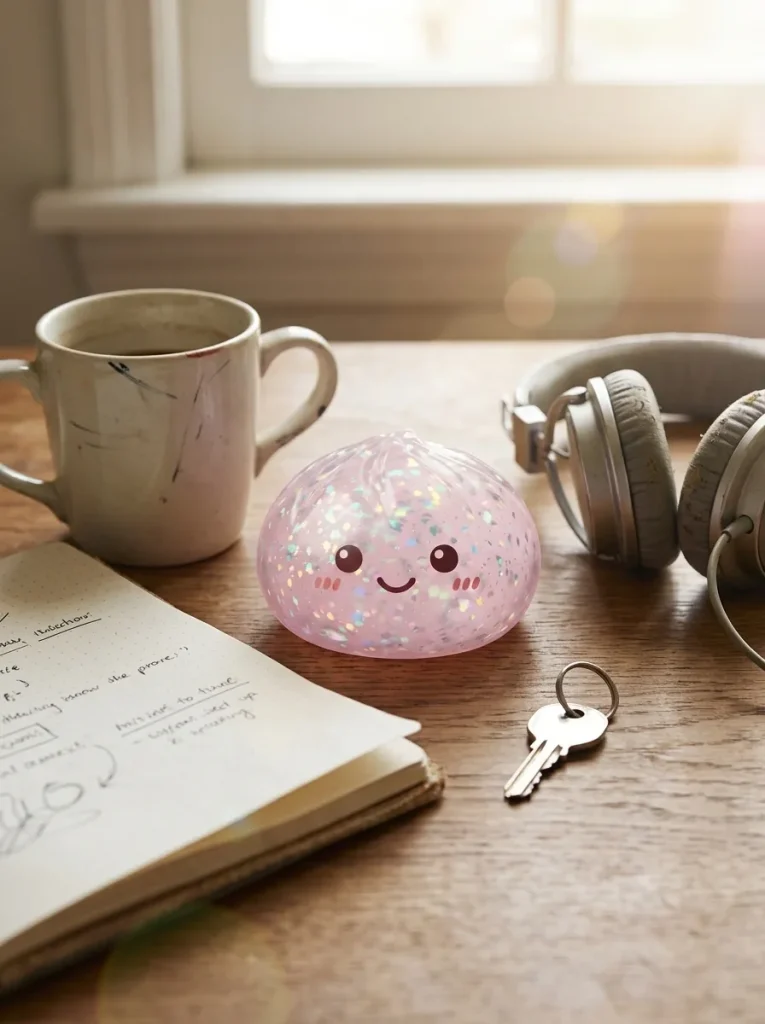 Glitter Dumpling Squishy Zilver Glans op het bureau
