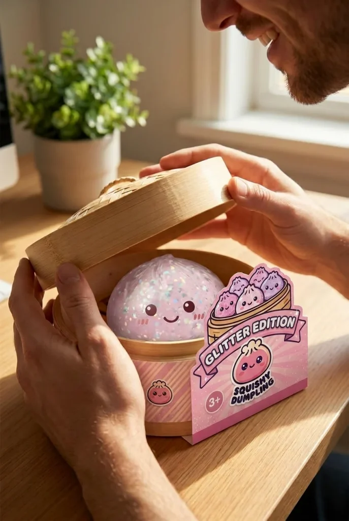 Glitter Dumpling Squishy Zilver Glans tijdens het uitpakken