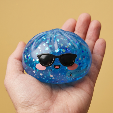 Squishy Dumpling Lunettes Sparkle Blauw in de hand gehouden, echte grootte