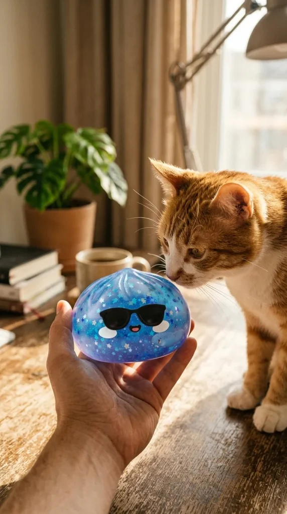 Squishy Dumpling Lunettes Sparkle Blauw met een knuffel