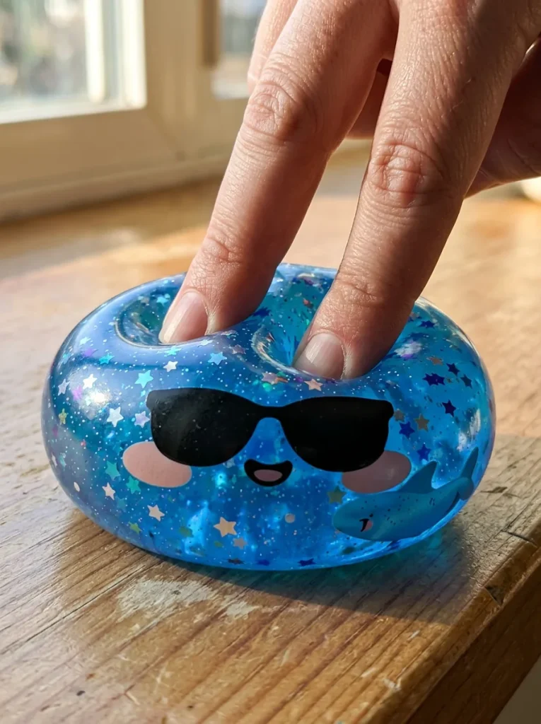 Squishy Dumpling Lunettes Sparkle Blauw tijdens het knijpen
