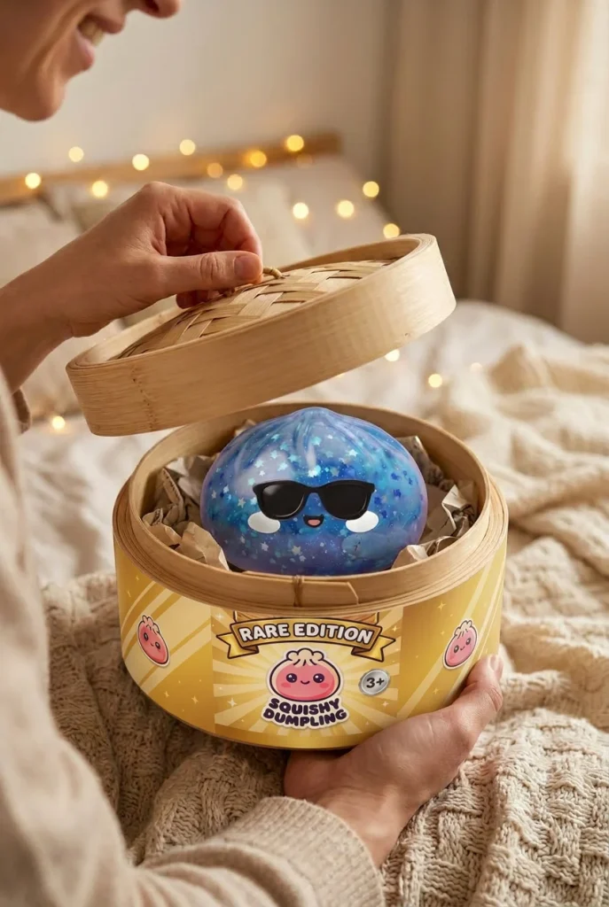 Squishy Dumpling Lunettes Sparkle Blauw tijdens het uitpakken