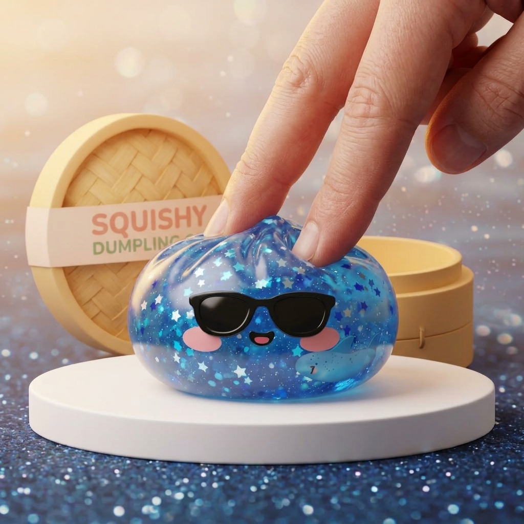 Squishy Dumpling Lunettes Sparkle Blauw tijdens het knijpen, zacht materiaal