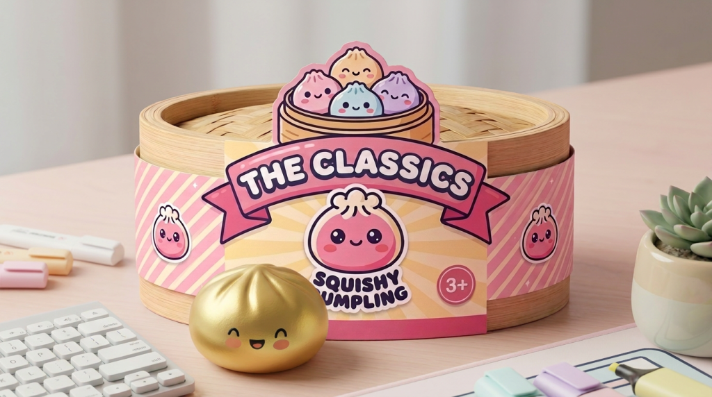 Dumpling Squishy Doré Lucky Goud in zijn kawaii omgeving