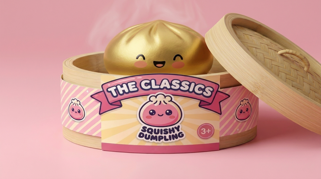Dumpling Squishy Doré Lucky Goud in het bamboe stoommandje