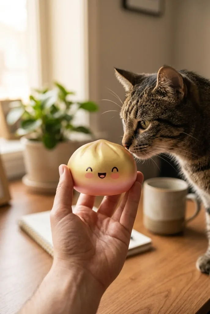 Dumpling Squishy Doré Lucky Goud met een knuffel