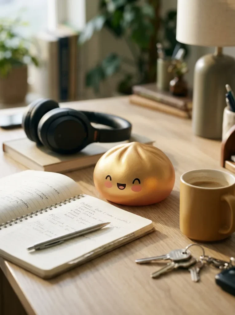 Dumpling Squishy Doré Lucky Goud op het bureau