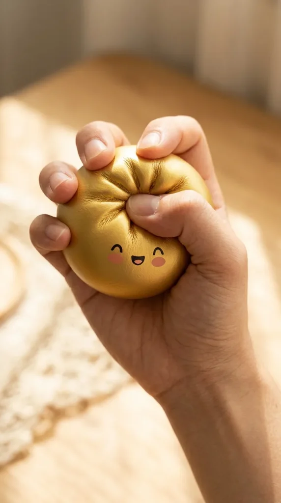 Dumpling Squishy Doré Lucky Goud tijdens het knijpen