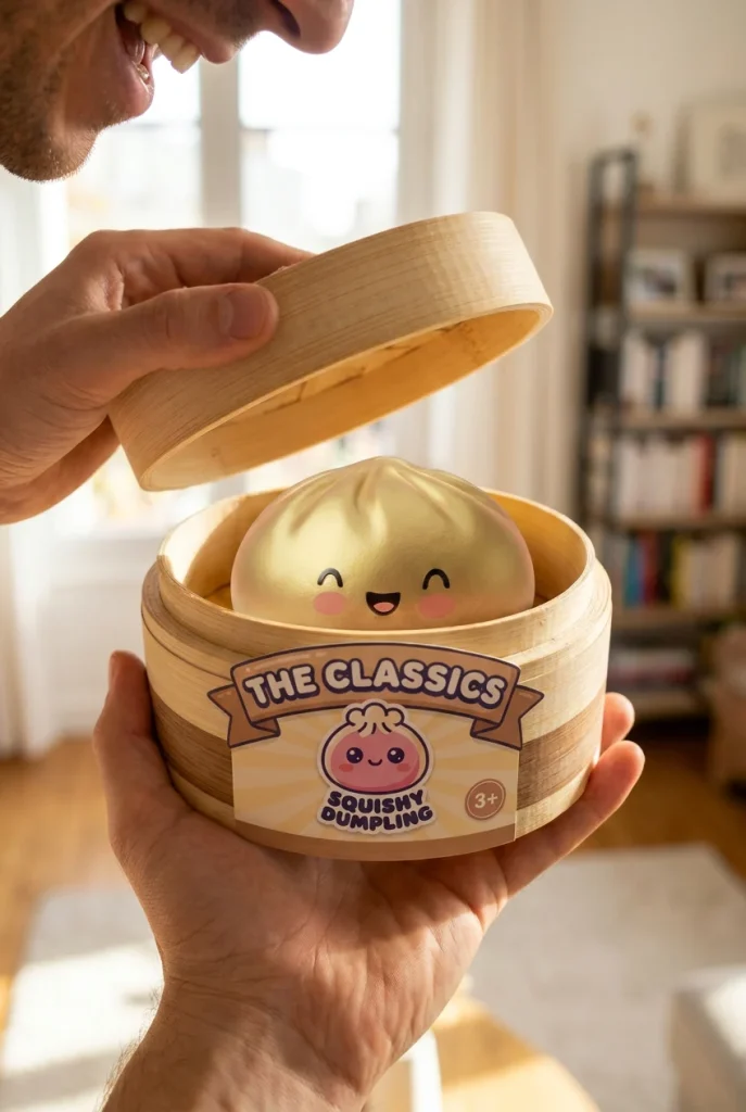 Dumpling Squishy Doré Lucky Goud tijdens het uitpakken