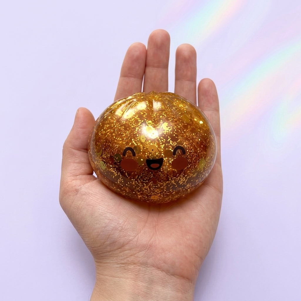 Squishy Bun Mystery Dumpling Verrassingsbox in de hand gehouden, echte grootte