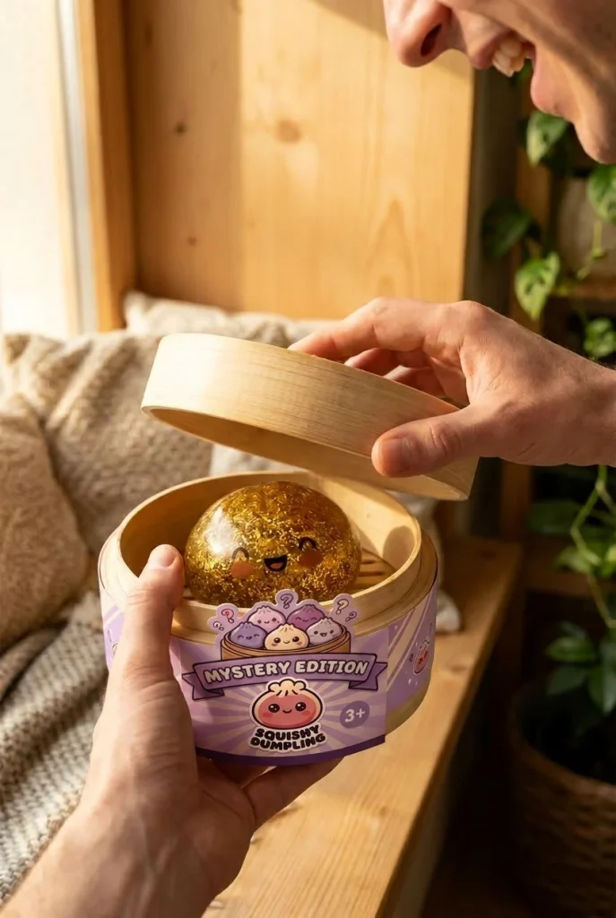 Squishy Bun Mystery Dumpling Verrassingsbox tijdens het uitpakken