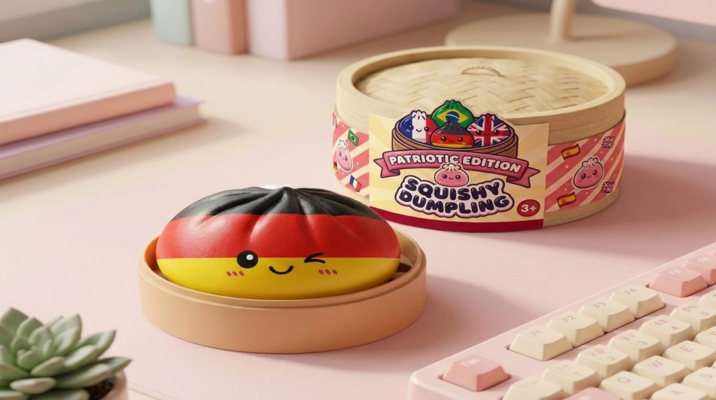 Flag Squishy Toy Duitsland – Dumpling Zwart-Rood-Goud in zijn kawaii omgeving