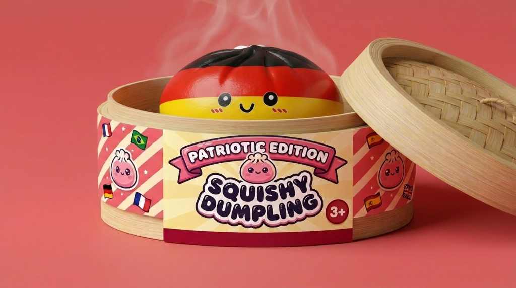 Flag Squishy Toy Duitsland – Dumpling Zwart-Rood-Goud in het bamboe stoommandje