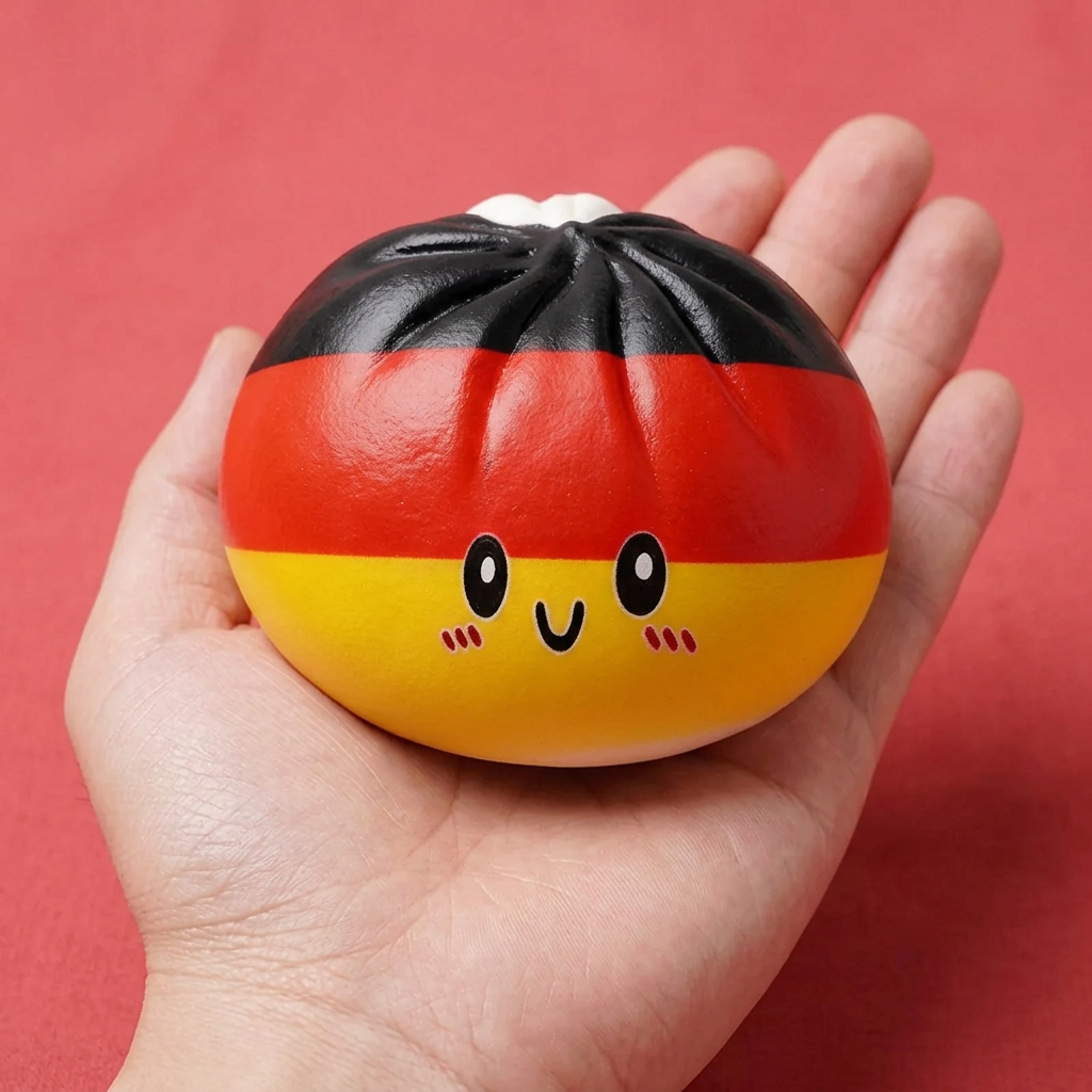 Flag Squishy Toy Duitsland – Dumpling Zwart-Rood-Goud in de hand gehouden, echte grootte