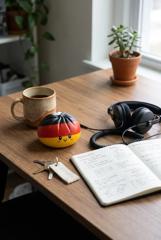 Flag Squishy Toy Duitsland – Dumpling Zwart-Rood-Goud op het bureau