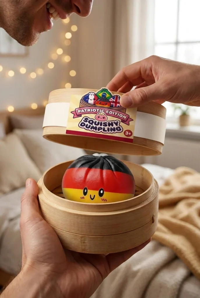 Flag Squishy Toy Duitsland – Dumpling Zwart-Rood-Goud tijdens het uitpakken