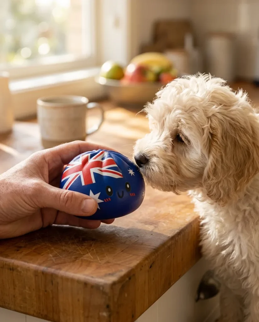 Flag Squishy Dumpling Australië met een knuffel